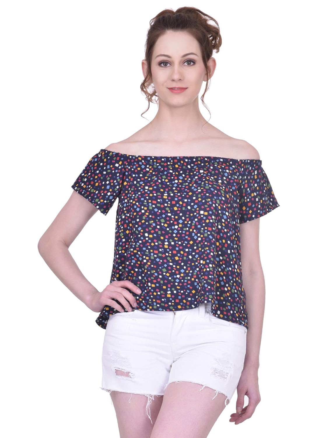 martini navy multicolour print elasticized off shoulder waist length loose rayon crop top (blue, small)