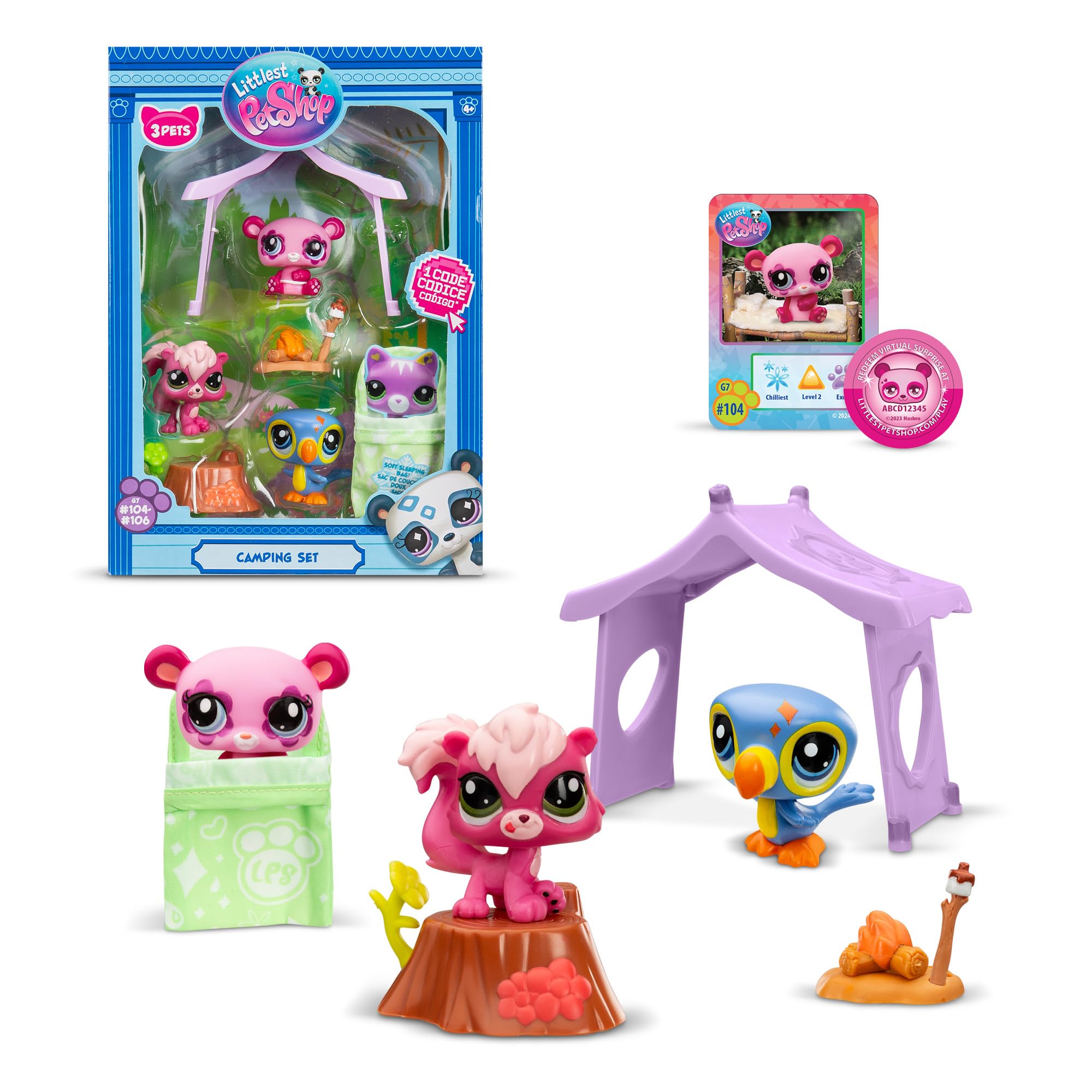 Littlest Pet Shop Series 2 Camping Adventure Play Pack | The Pack Contains 3 LPS Mini Pet Toys 6 Accessories 1 Collector Card And 1 Virtual Code | Collectable Toys For Girls And Boys