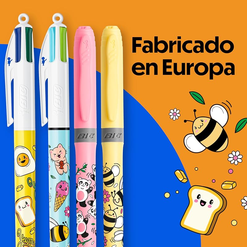 4 Cores Decors Série Kawaii Caneta Retrátil de Ponta Média (1,00 mm) em cores alegres de tinta + Decoração de empunhadura para marcador BIC Ponta chanfrada - Vários designs Kawaii, Pack de 4