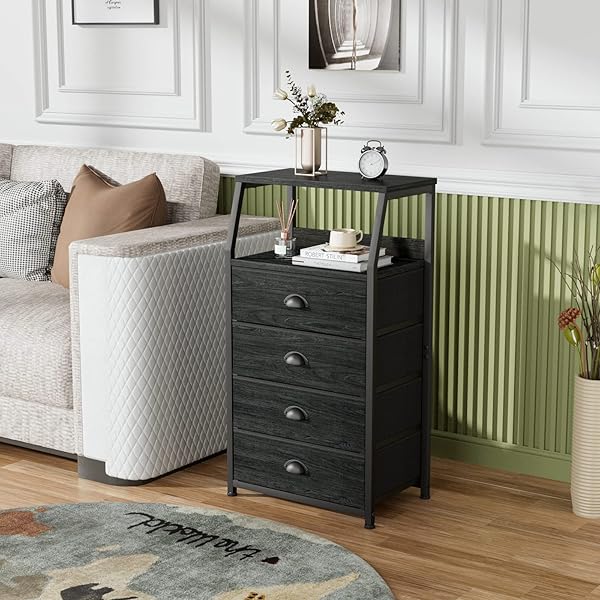 FURNULEM TALL 4 DRAWERS DRESSER, VERTICAL STORAGE TOWER BLACK DRESSER FOR BEDROOM, HALLWAY, ENTRYWAY, NURSERY, CLOSET ORGANIZER, NIGHTSTAND BEDSIDE TABLE FURNITURE, STURDY STEEL FRAME, WOOD TOP