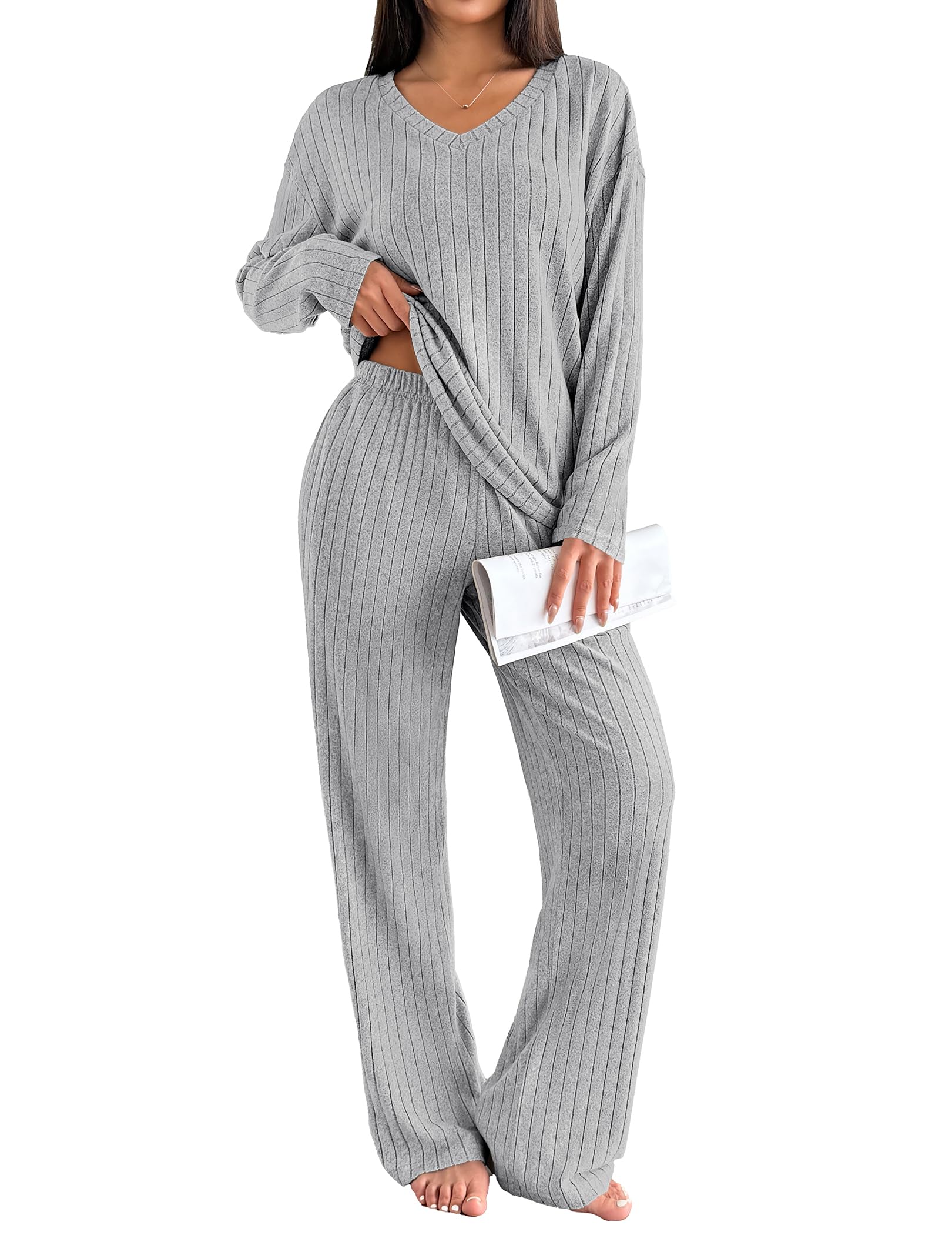 Ekouaer Lounge Sets for Women Long Sleeve Knit Ribbed Pajama Sets 2 Piece Casual Loungewear with Pockets Light Gray Image