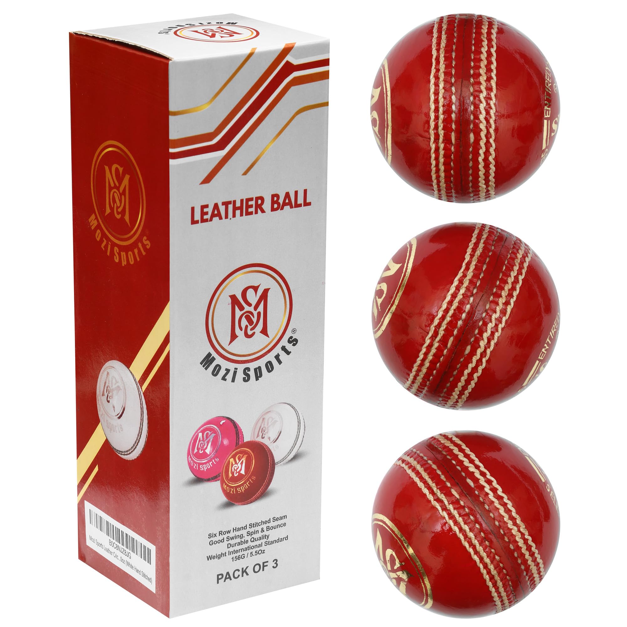 Mozi Sports® Leather Cricket Ball Senior Hand Stitched Match Quality Balls Weight 5.50oz (3x Red H-Stitched)