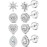 YADOCA 4 Pairs Flat Back Stud Earrings for Women Hypoallergenic 925 Sterling Silver Post Cubic Zirconia Earrings Set Halo Round Heart Square Diamond Silver Gold Studs