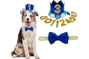 POSAPET Cat Dog Birthday Crown Hat and Bow Tie Collar Set Pet Boy Birthday Party Supplies Puppy Birthday Outfit