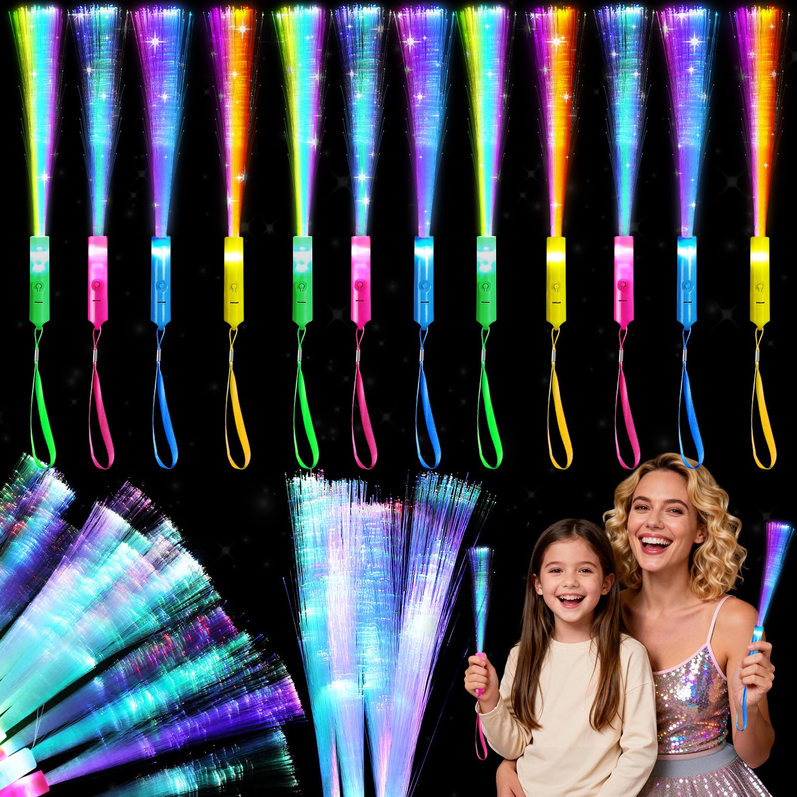 Mikulala 12Pieces Light up Wands Glow Sticks Party Supplies Colorful Fiber Optic Wand with 3 Light Modes for Wedding Bridal Birthday Shower Glow in The Dark Party Favors
