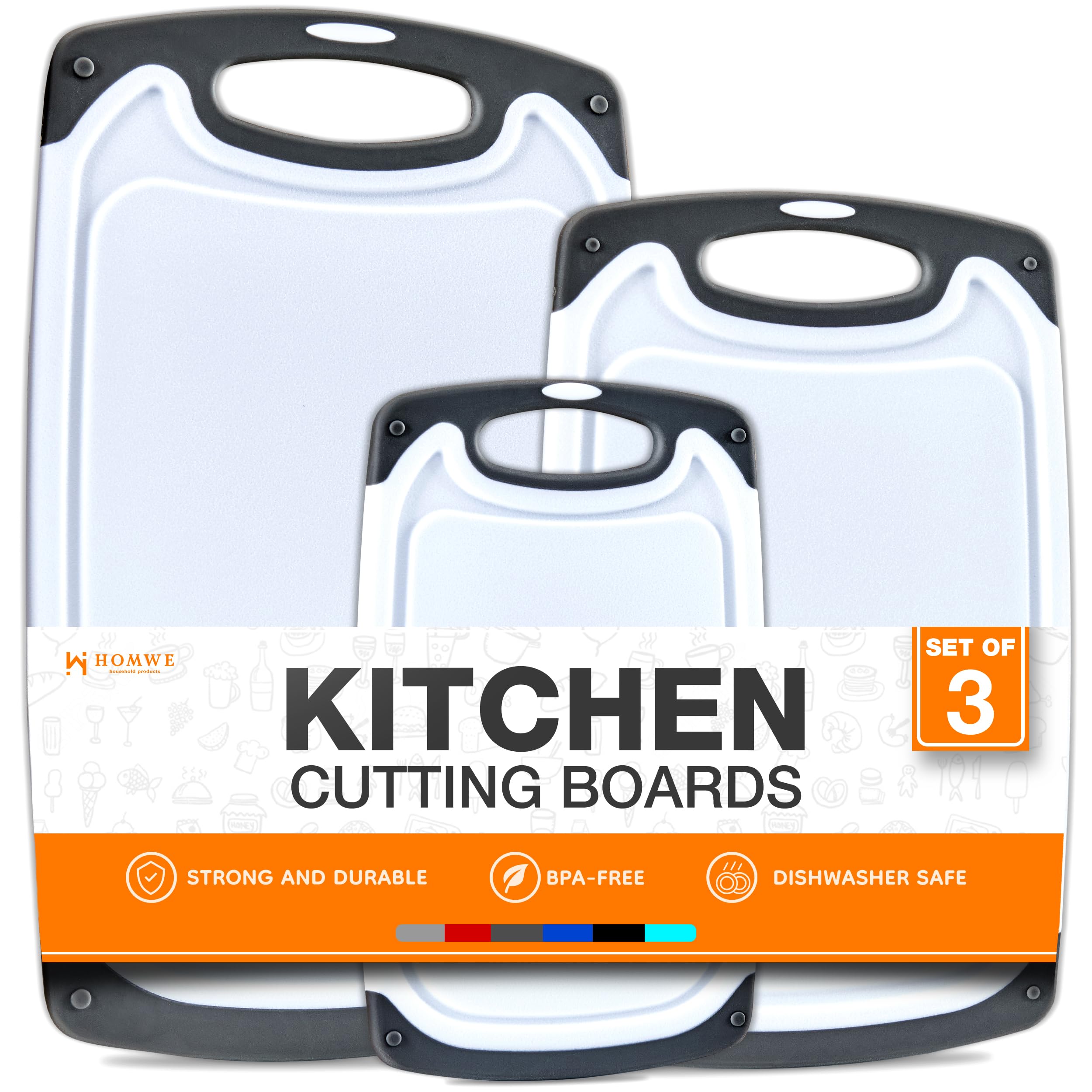 HOMWE Plastic Chopping Board Set - 3 Cutting Boards for Kitchen w/Easy Grip Handles & Juice Grooves