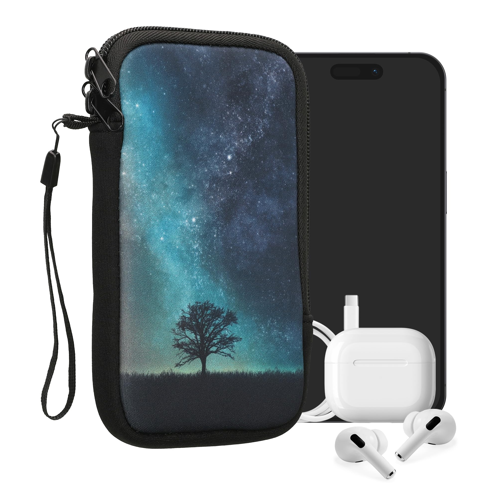 kwmobile Neoprene Sleeve for Smartphone Size XL - 6.7/6.8" - Shock Absorbing Pouch Case - Protective Phone Bag - Cosmic Nature Blue/Grey/Black