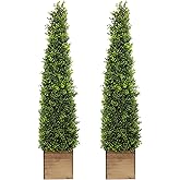 Season’s Need Artificial Boxwood Cone Tower 4ft Tall Topiaries Tree Set with Wooden Planter - Indoor Outdoor Décor, 2 Pack Fake Bushes - Potted Plant