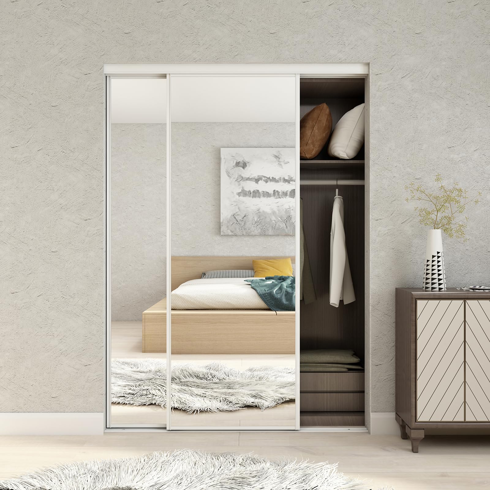 Photo 1 of **ONE MIRROR CRACKED****JUBEST Closet Door 60 x 80", One Side Mirror Door with Top & Bottom Track Kits, 1-Panel White Steel Frame Sliding Mirror Closet Door, Easy to Install