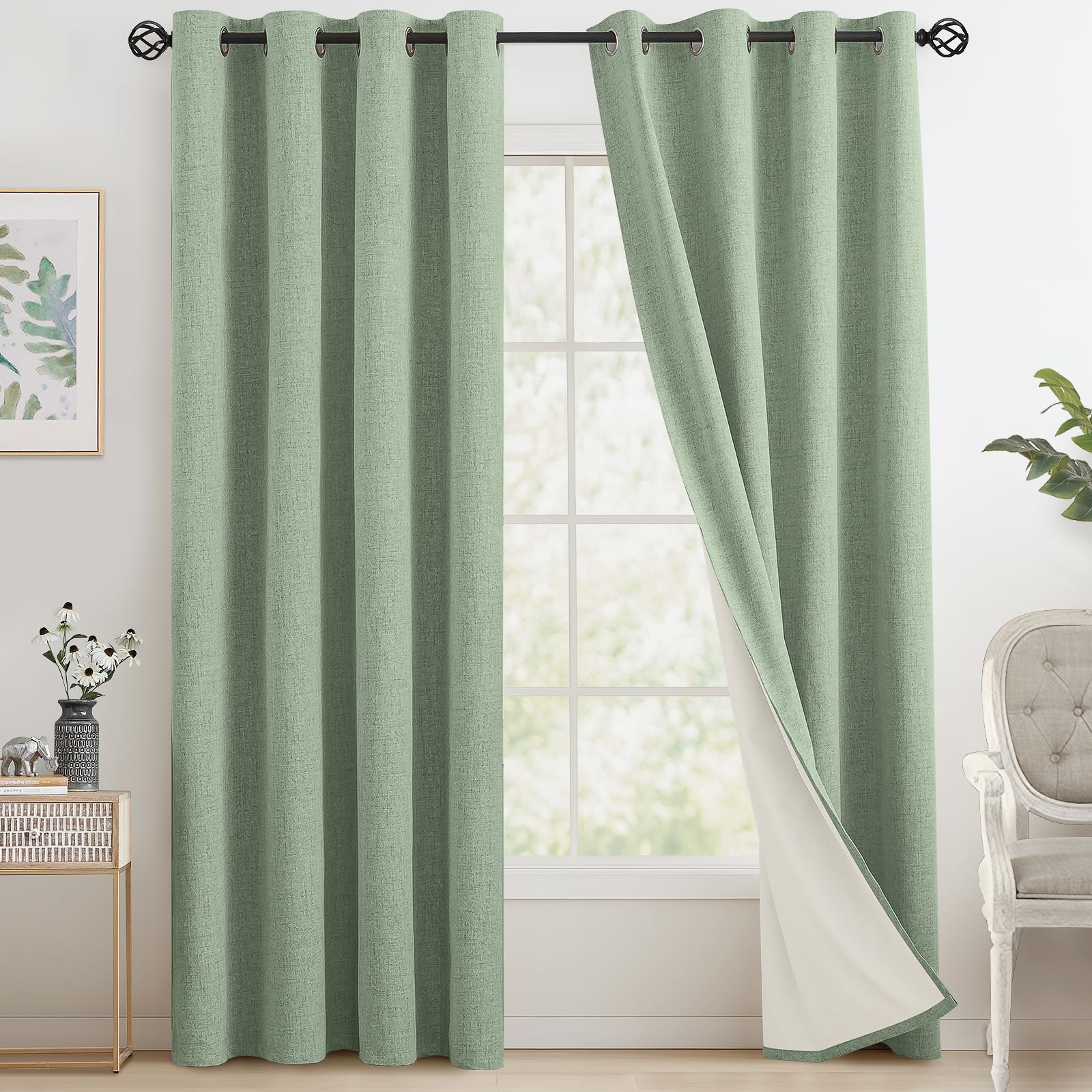 COSVIYA Sage Green Linen Curtains 100% Blackout Grommet Drapes 84 Inches Long,Full Room Darkening Thermal Insulated Curtains with Liner, 2 Panels, 52x84inches Image