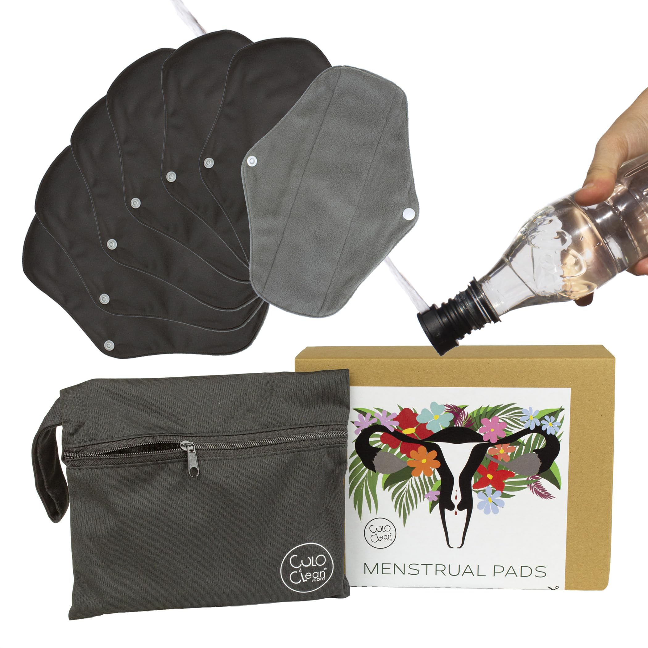CuloClean Reusable Sanitary Pads. Bamboo Charcoal Menstrual Towels for Women. Includes Wet Bag and Portable Bidet. (7 Medium, 7, Count)