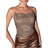 SweatyRocks Women's Sequin Tie Back Crochet Crop Halter Top Sexy Sleeveless Lace Up Fitted Night Out Tops