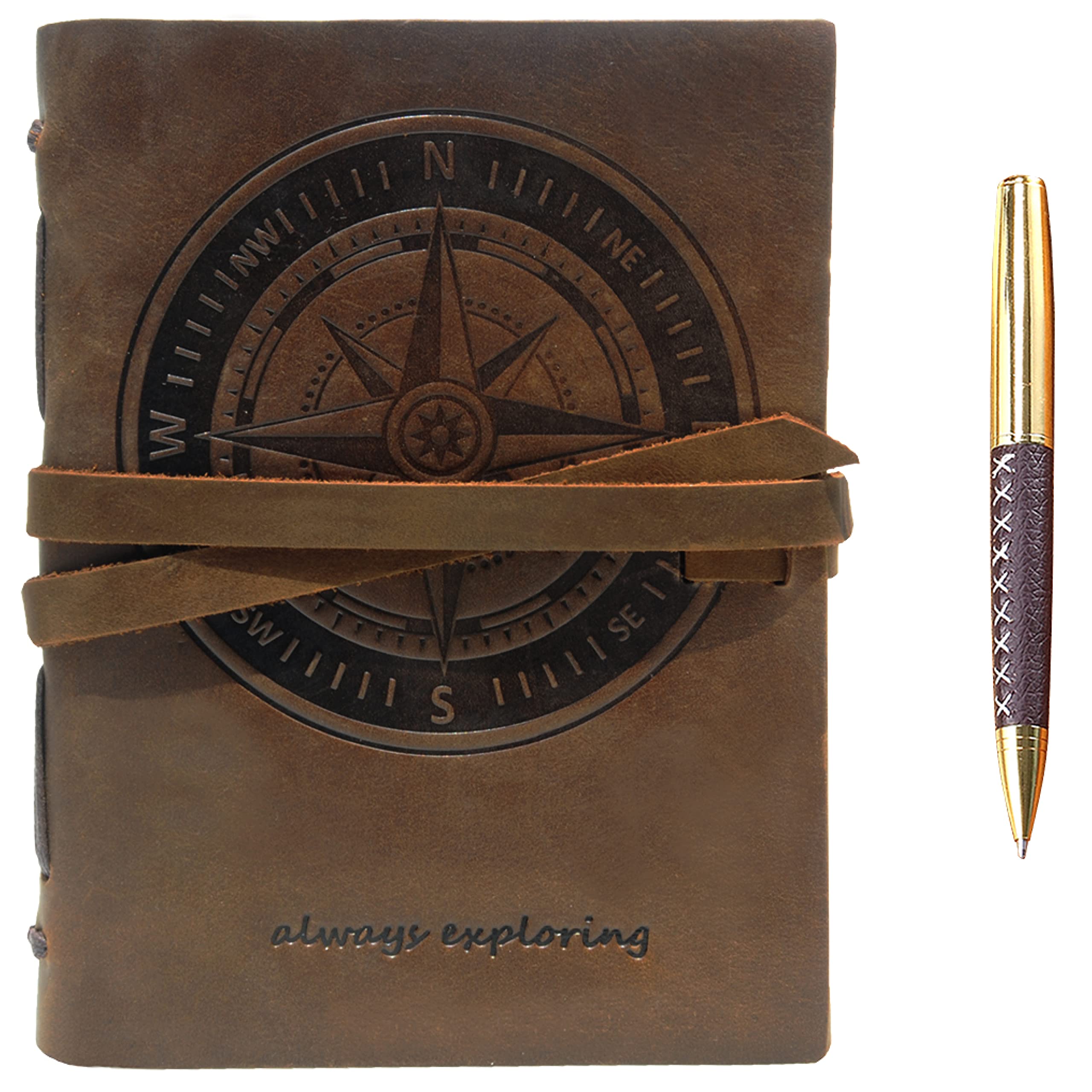 Leather Journal Nautical Compass Notebook Embossed Maritime Sea Adventure A5 Travel Diary, For Men For Women, Genuine Vintage Rustic Leather 6" x 8", Bound For Writing Notes Handmade Sketchbook + Pen