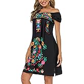 YZXDORWJ Women Mexican Embroidered Dress Casual Loose Bohemian Floral Dress Short Sleeve Long Maxi Summer Beach Swing Dress