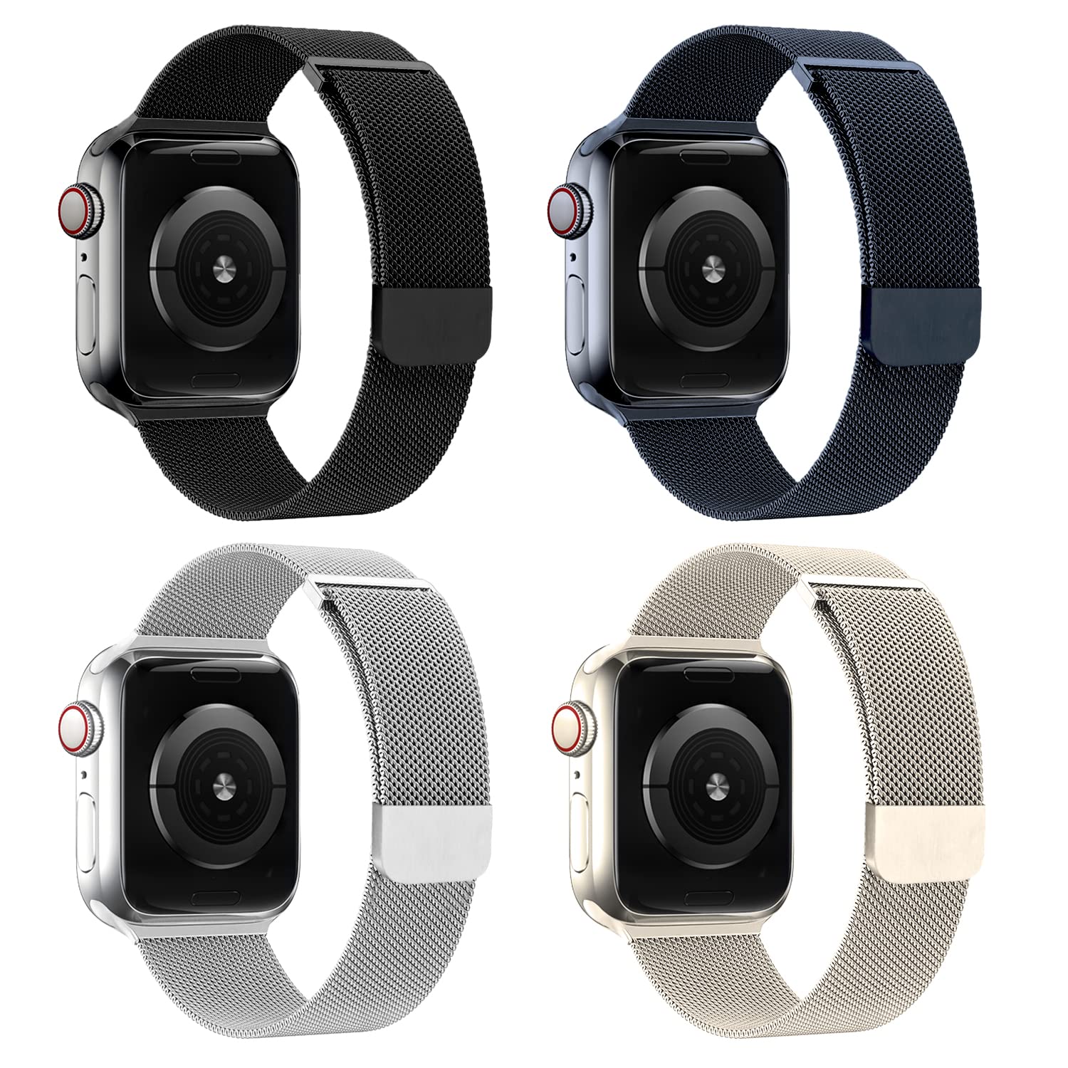GURINA 4 Pack Metal Strap Compatible Apple Watch Straps 40mm 38mm 41mm, Stainless Steel Mesh Loop Magnetic Replacet Watch Band iWatch Ultra SE Series 8 7 6 5 3 2 1, Black/Midnight/Silver/Starlight
