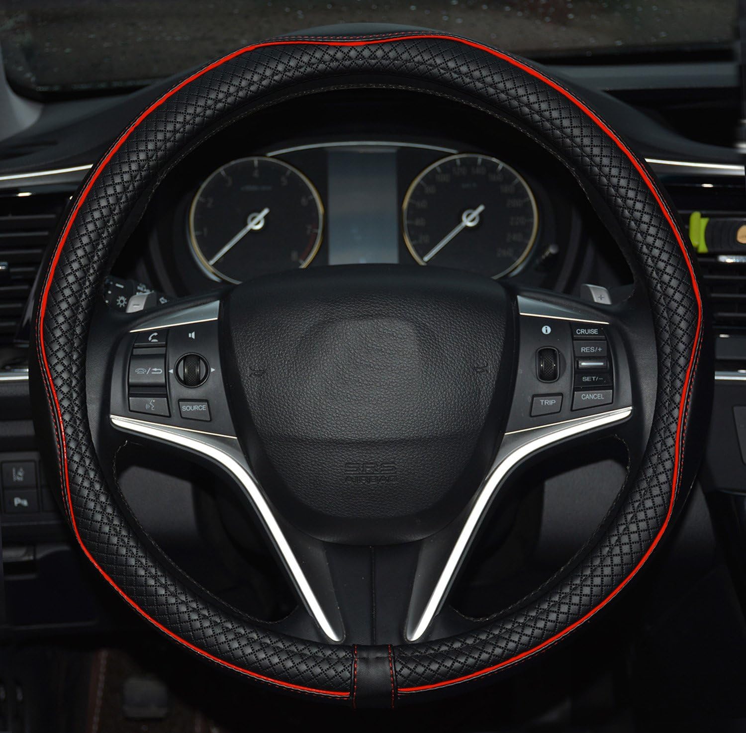 Rueesh Microfiber Leather Car Steering Wheel Cover, Soft Padding, Durable, No Smell, 14 1/4 Inch Small Size Steering Cover, Anti-Slip Embossing Pattern A, Black with Red Line
