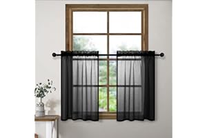 PITALK 24 Inch Curtains for Small Windows Set Rod Pocket Semi Sheer Linen Look Kitchen Half Cafe Curtains Modern Black Lace Short Window Curtain for Bathroom Front Door Non See Thru Mini Curtain 24 Long