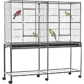 PawHut 65" Double Rolling Metal Bird Cage with Divider, Large Parrot Cage for Parakeet, Canaries, Lovebirds, Budgie, Finch, with Detachable Rolling Stand, Storage Shelf, Wood Perch &amp; Food Container