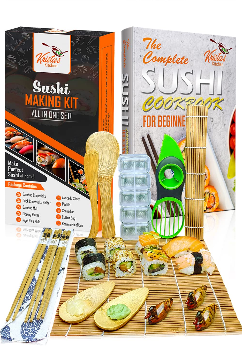 Sushi Making Kit – Sushi Maker Set with Bamboo Rolling Mat - Make Your Own Sushi at Home - 14pcs All In One 2 Mats, 3 Pairs Chopsticks, Paddle, Spreader, Rice Mold, Avocado Slicer with Beginners Book