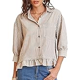PEHMEA Women's Striped Button Down Shirt, 3/4 Sleeves Loose Fit Collared Blouse with Ruffle Casual Oversized Top
