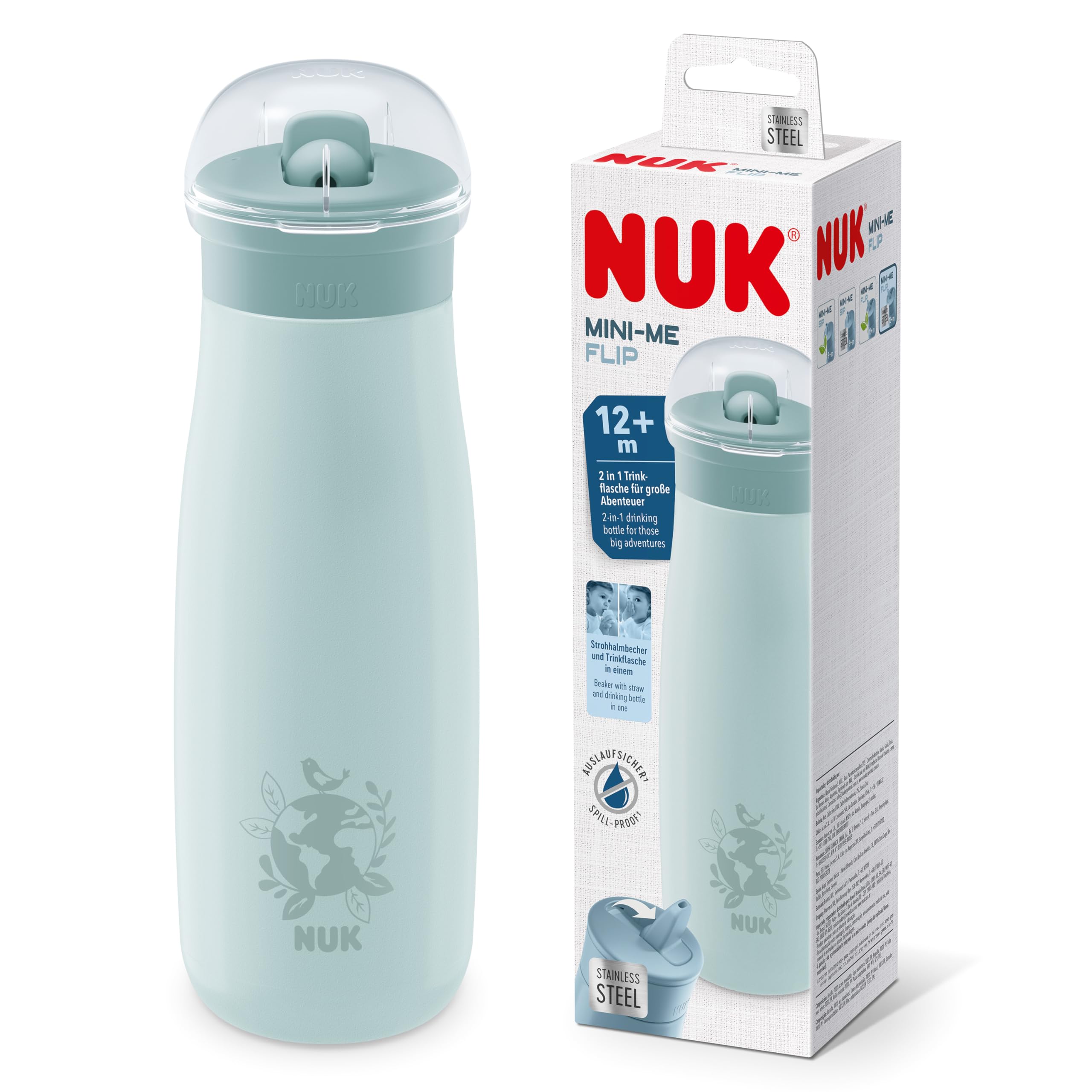NUK Mini-Me Flip Toddler Cup With Straw | 12+ Months | 500 ml | Stainless Steel Water Bottle For Kids | Leak-Proof Toughened Spout | Shatter-Proof | Blue Globe