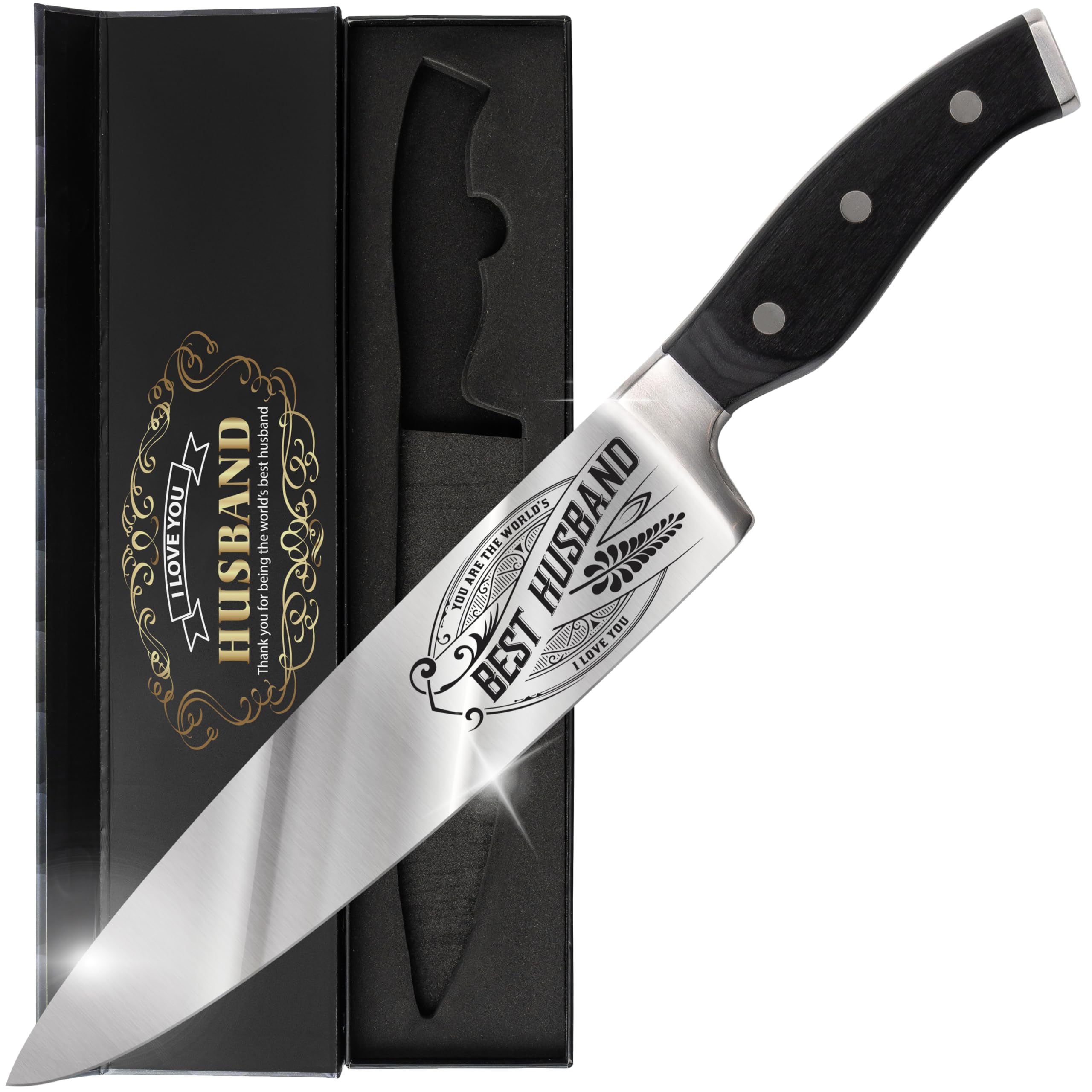 Photo 1 of CUTLINX Birthday Gift BEST HUSBAND - Premium Chef Knife Gift - 8 in. Stainless Carbon Steel Kitchen Knive w/Pakka Wood Handle - Father's Day, Christmas, Housewarming, Anniversary, Holiday Gifts