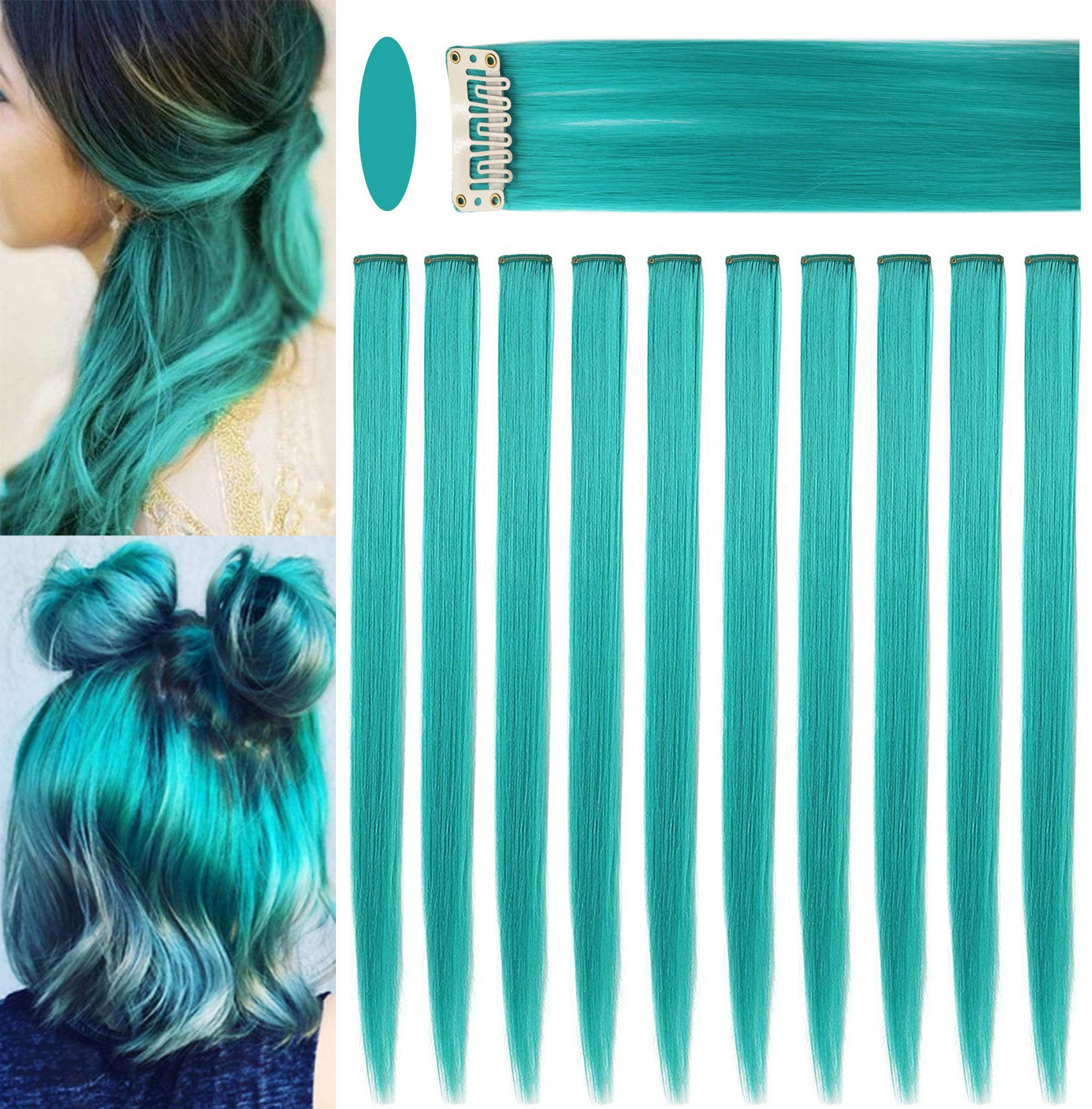LSKJMO 10 PCS 20 inch Teal Hair Extensions Clip in Coloured Hair Extensions, Teal blue Hairpieces Party Highlights Straight Synthetic Wig Pieces for Women