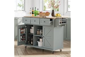 Coolove Kitchen Island with Storage on Wheels, 53" Large Rolling Kitchen Island with Drop Leaf, Mobile Kitchen Islands Cart with Rubberwood Tabletop, Open-Shelf, Islands Table (Gray Blue, 3 Drawers)