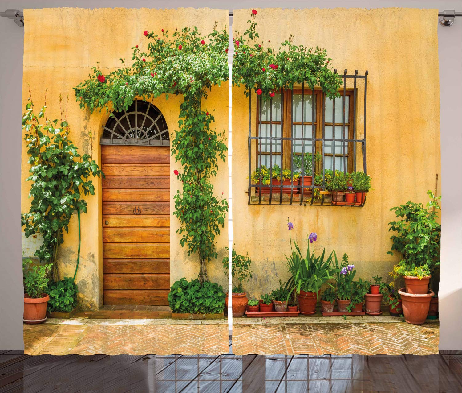 ABAKUHAUS Italy Curtains, Porch with Different Flowers Pots Fresh Green Plants City Life in Tuscany, Living Room Bedroom Window Drapes 2 Panel Set, 89 L X 110 W, Apricot Green Brown