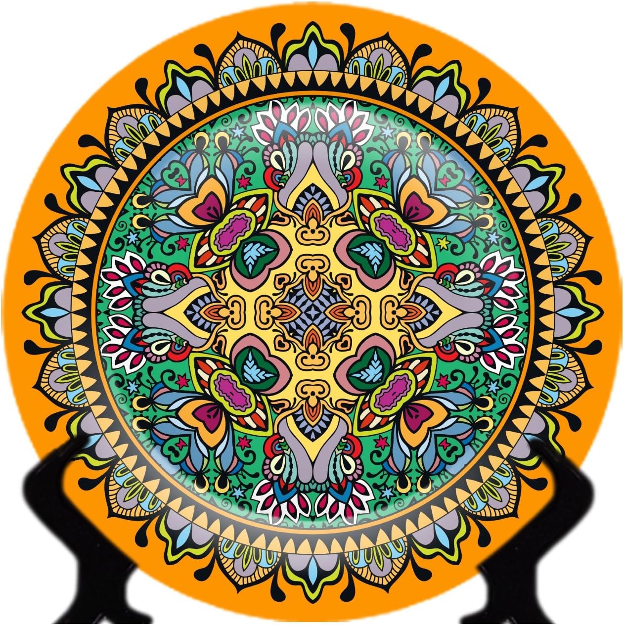 Blazejets Rare Handcrafted Multicolour/Yellow Rangoli Design Ceramic Decorative Plate/Platter with Stand