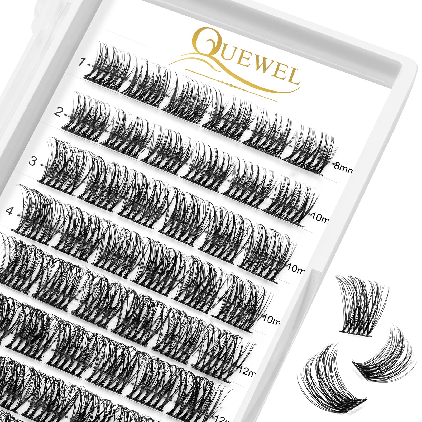 QUEWEL Lash Clusters 72 Pcs Wide Stem Cluster Lashes Mix8-16mm DIY Eyelash Extension Individual False Eyelashes Soft & Do Not Break for Personal Makeup Use at Home(QUH-S019-Mix8-16mm)