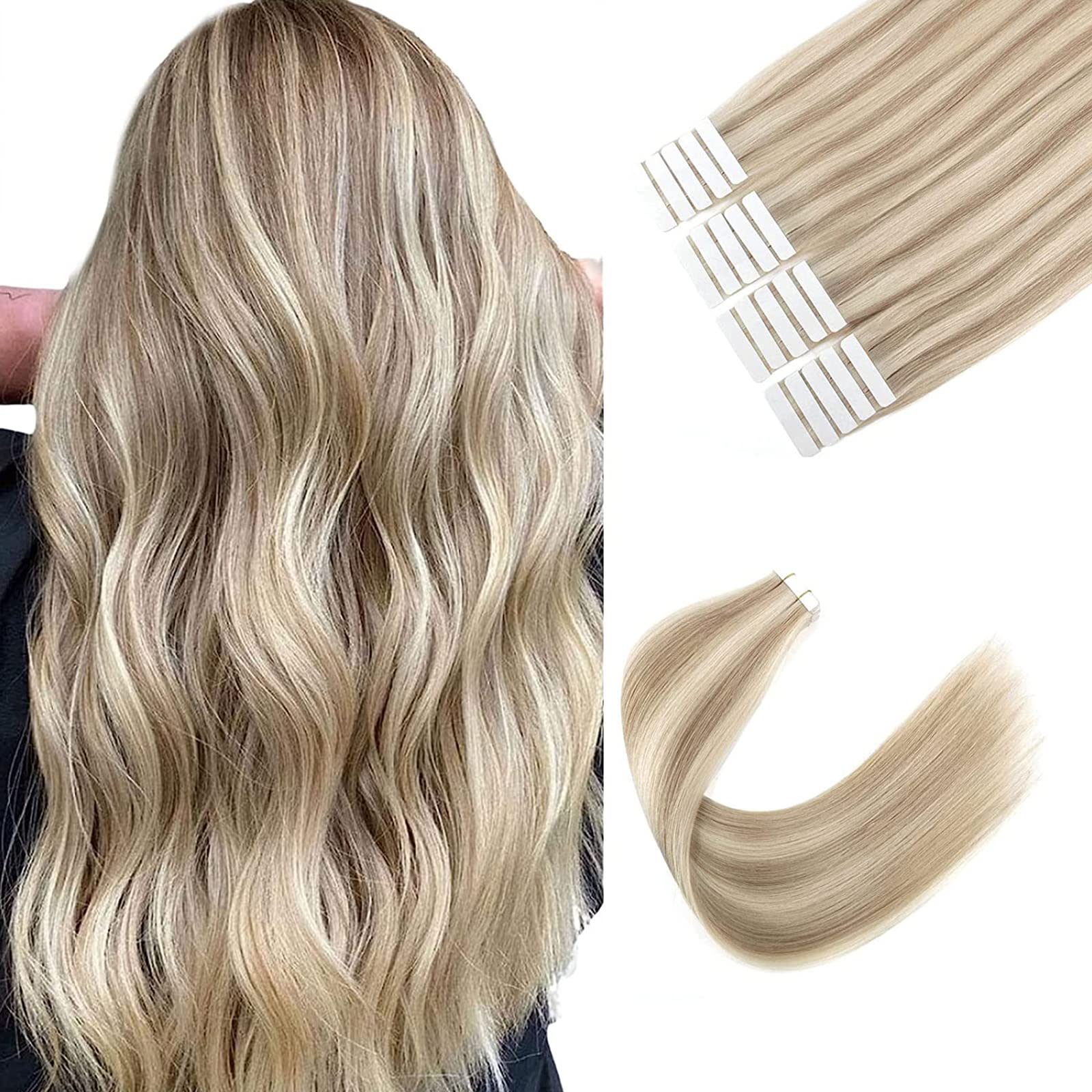 Sixstarhair Tape In Hair Extensions Ash Blonde and Ash Brown Piano Color Remy Human Hair Lowlight Hair Extensions 20 Pieces Pack For White Women [P8-60 22inch] — image 1