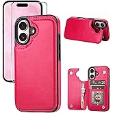 JOYAKI Wallet Case Compatible with iPhone 16 6.1", Slim Protective Case with Card Holder,Premium PU Leather Kickstand Card Slots Case with Double Magnetic Clasp-Rosered
