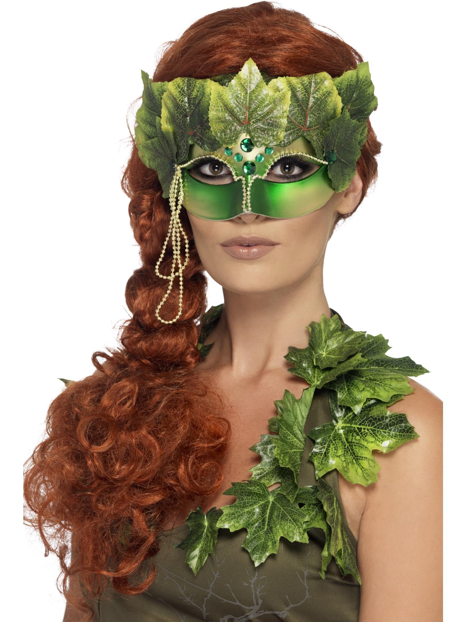 Smiffys Forest Nymph Eyemask, Green with Fabric Leaves and Jewels, Eyemasks Fancy Dress, Adult Dress Up Eye masks
