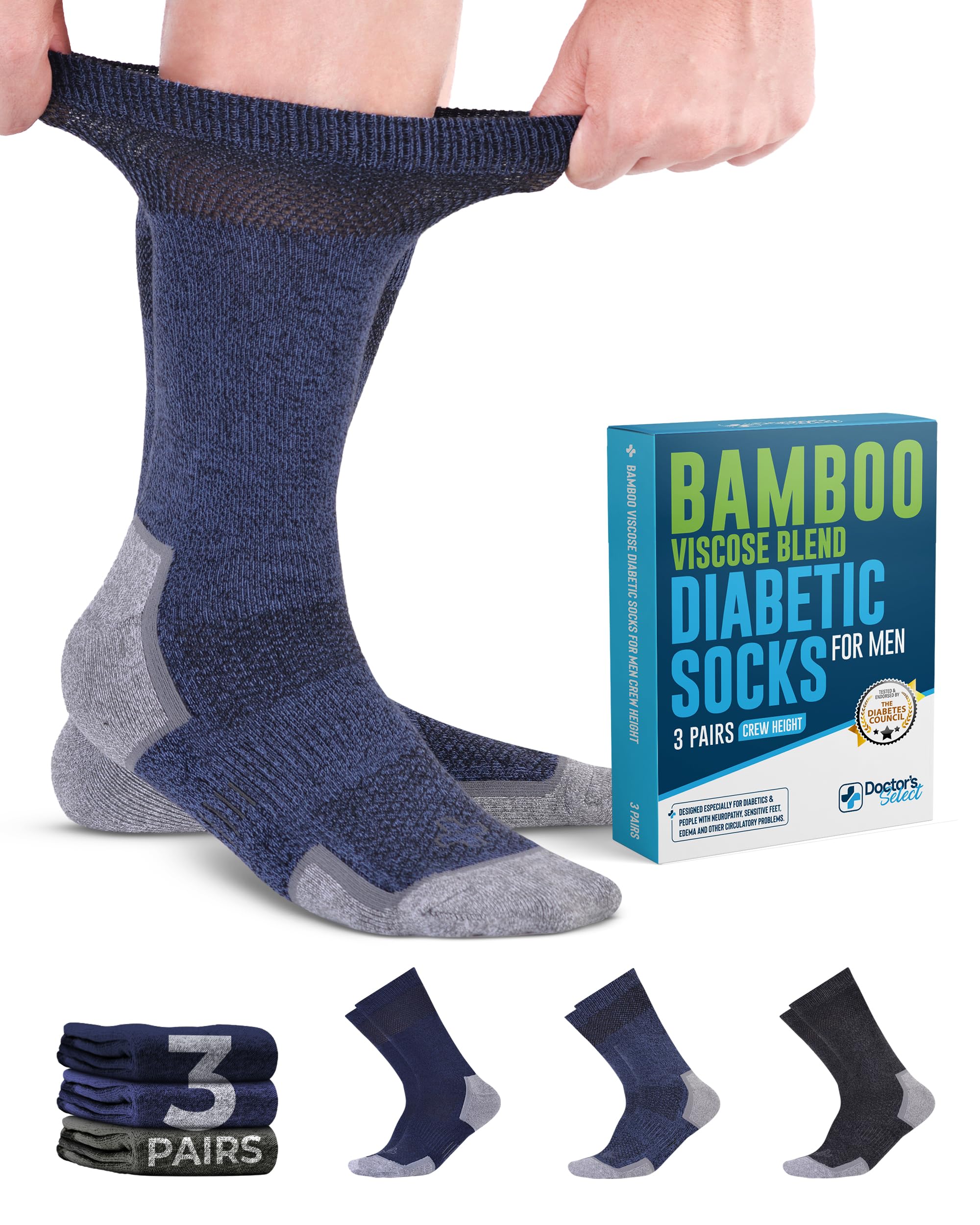 Photo 1 of *Minor Damaged*Doctor's Select Bamboo Viscose Diabetic Socks for Men - 3 Pairs Crew Mens Diabetic Socks | Navy, Blue, Dark Grey | Stretch Top Diabetic Neuropathy Socks for Men 9-12