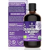 Organic Elderberry Syrup with Liquid Wild Bilberry Extract for Eyes 3.4oz Bottle USDA Certified Sambucus Immune Support Supplement - Acerola for Vitamin C Alcohol-Free High Bioavailability Anthocyanin