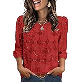 Sampeel Women Blouses Dressy Casual 3/4 Length Sleeve Tops Eyelet Lace Spring Summer Shirts Beach Vacation Clothes
