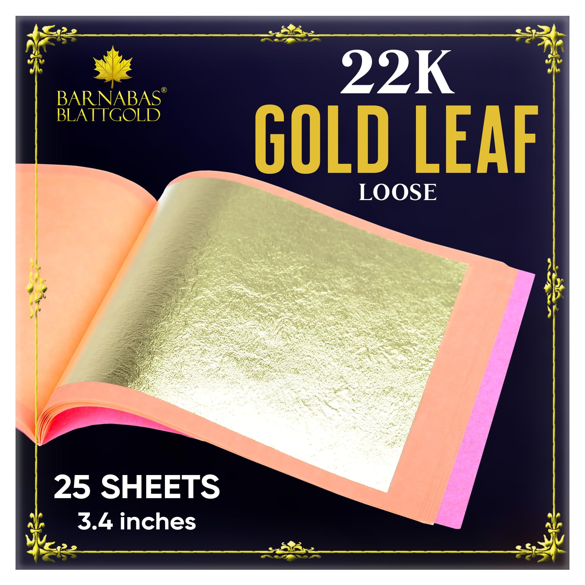 BARNABAS BLATTGOLD Gold Leaf - 22K Real Gold [25 Sheets, 3.4 inches] - Loose Sheet for Painting, Arts and Crafts
