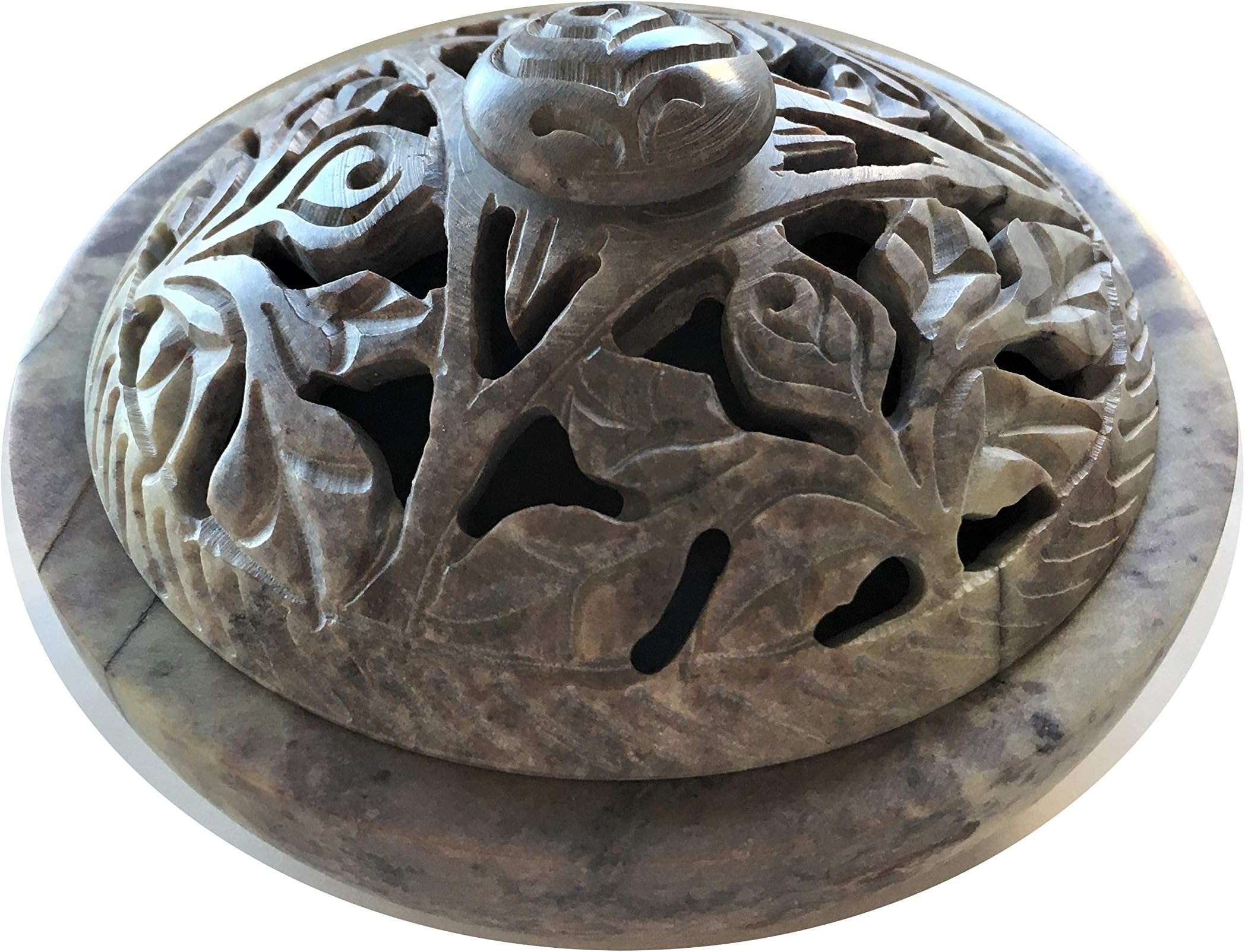Soapstone/Stone Incense Burner Bowl, Pot, Jar for Cones, Sticks, Resins or Charcoal-Flower Pattern J825