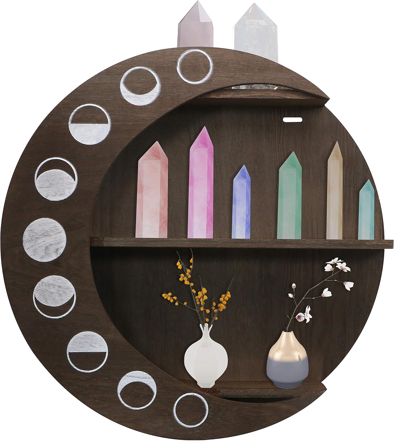 Eco-Birch Moon Shelf for Crystals - Large 3 Tier Wooden Crescent Moon Phase Hanging Wall Decor - Boho Moon Shaped Display Shelves Set for Nursery, Crystal Stones