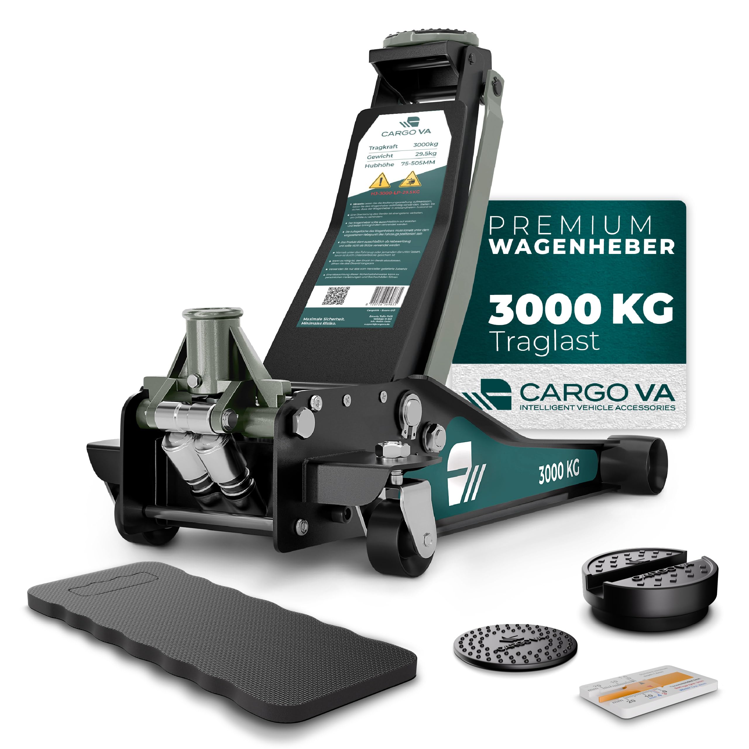 CargoVA Wagenheber 3T hydraulisch | Flacher Wagenheber mit 75-505mm Hubhöhe | Profi-Toolkit inkl. Kniematte & 2X Gummiauflagen | Ideal für SUV & tiefergelegte Autos | Rangierwagenheber Reifenwechsel