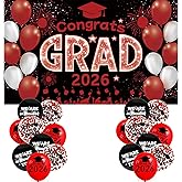 Red and Black Graduation Decorations Class of 2026 Banner with 18 Pcs Balloons Set - Large Congrats Grad 2026 Graduation Backdrop Decor, Red Graduate Balloons Grad Party Decorations