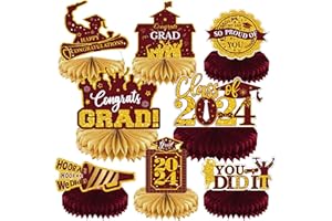 PARTYGARDEN 2024 Graduation Party Decorations - Maroon Gold Class of 2024 Graduation Party Decorations Honeycomb Centerpieces for Tables Congratulate for 2024 Congrats Grad Party Supplies Favors 8Pcs