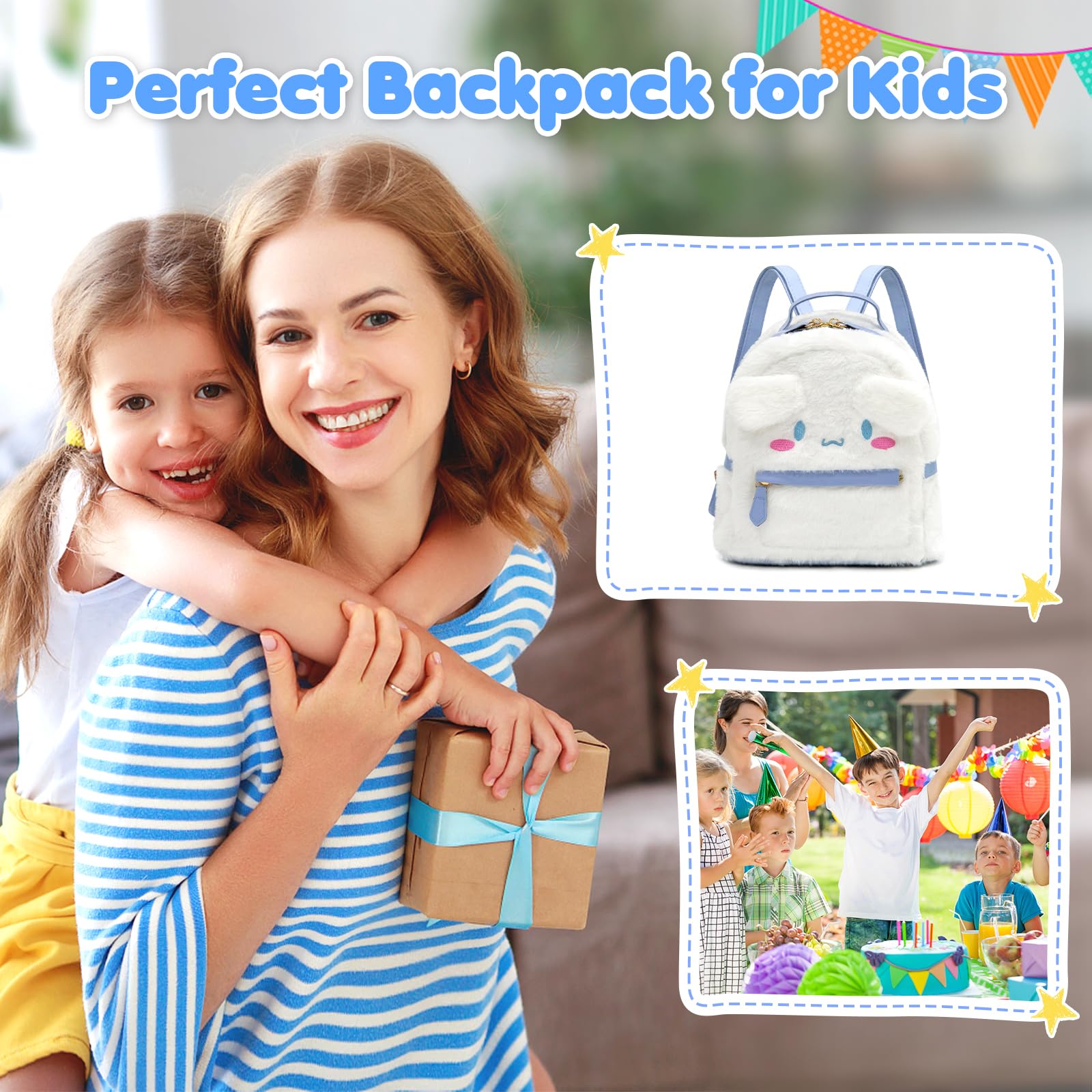 KIEAL Blue Kids Backpack, Kawaii Stuff Plush Backpack, Adorable Bag Handbag for Girls Kids Fans Birthday Present School Supplies