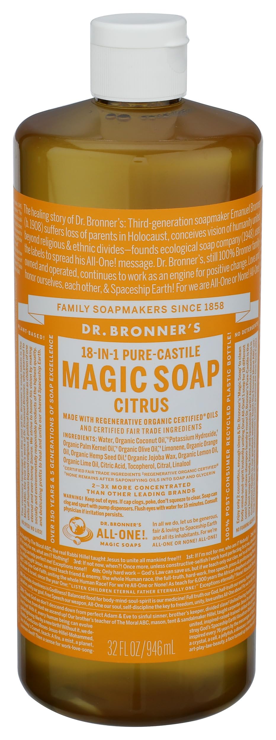 DR BRONNERS Organic Citrus Orange Pure-Castile Liquid Soap 946ml (PACK OF 1)