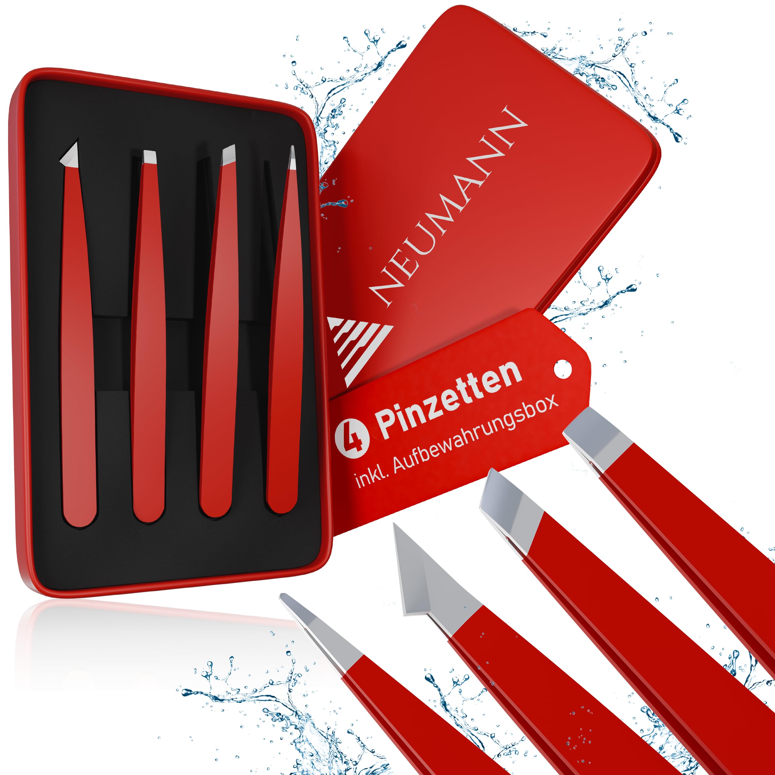 NEUMANN® Tweezers Set (Stainless Steel) for Removing Eyebrows and Hair - Oblique Tweezers, Pointed Tweezers & More - Includes Storage Box [Red]
