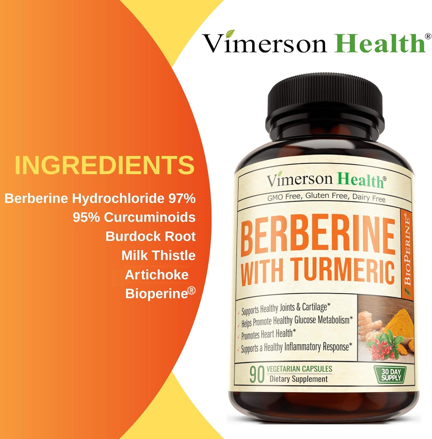 Berberine Turmeric Curcumin Supplement with Bioperine - 90 Vegan Capsules - Supports Joints Health, Glucose Metabolism, Heart Health - with Black Pepper Extract - 30 Day Supply: Health & Personal Care