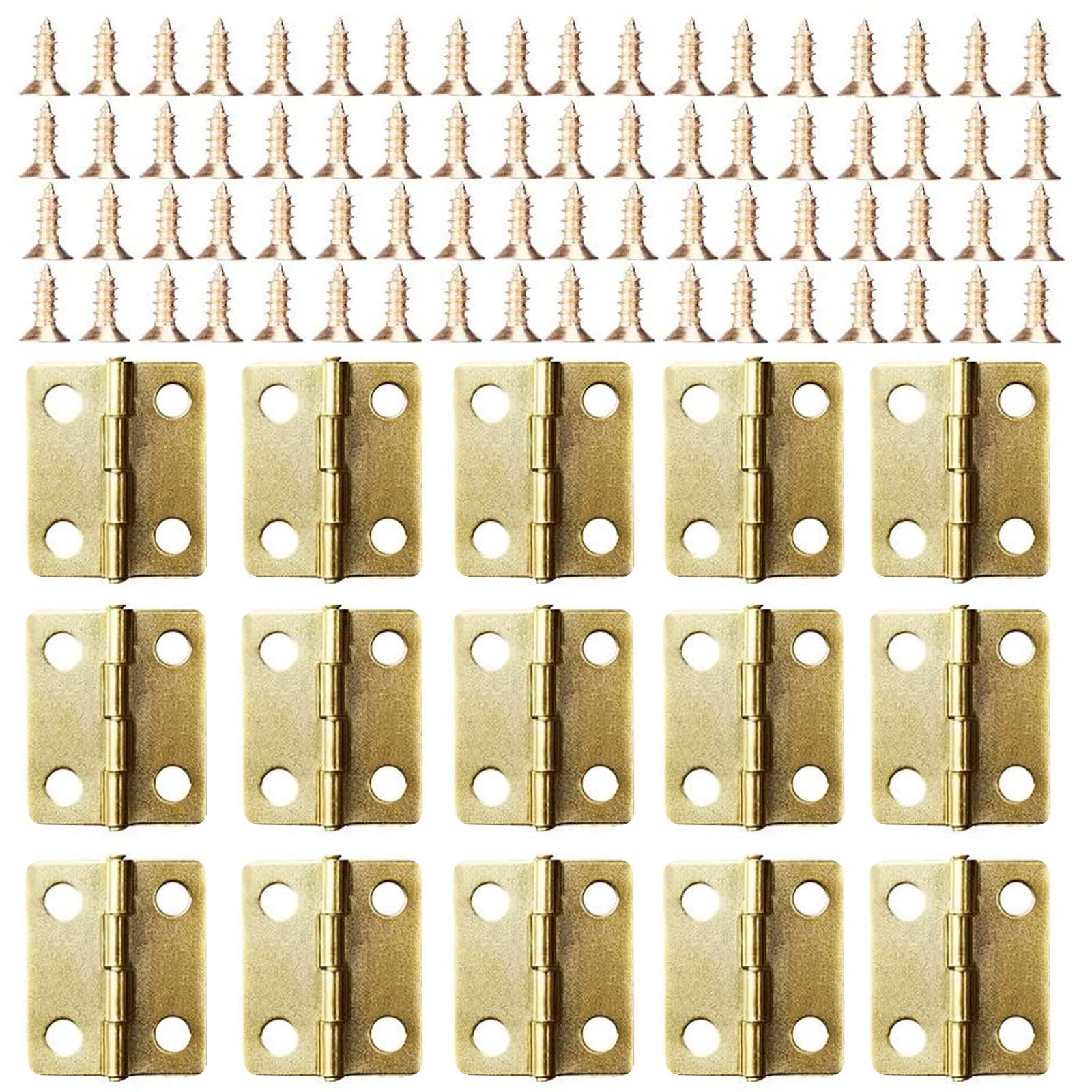 Small Mini Hinges, 50 Packs Cabinet Drawer Door Chest Butt Hinges Connectors with 200 Pieces 8 Mm Mini Brass Hinge Replacement Screws, Metal Hinge for Wooden Jewelry Box (Gold)