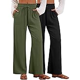Xaatren 2 Pack Women's Linen Pants Summer Wide Leg Drawstring Elastic Waist Pant Casual Loose Fit Beach Trousers with Pockets(Army Green, Black,Medium)
