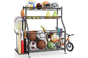 CAMECEQUTER Garage Sports Equipment Organizer,Ball Storage With Four Baskets And Six Hooks,Sports Organizer For Garage,Heavy Duty Garage Organizer,Garage Storage,Garage Organization,Outdoor Toy Storage